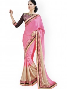 Indian Women Pink & Beige Satin & Chiffon Fashion Saree